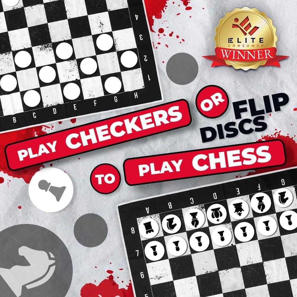 imageSWOOC Games  3in1 Giant Chess Checkers ampamp Chess Tac Toe Game with Mat 4ft x 4ft  MachineWashable Canvas ampamp 5quot Big Foam Discs  Giant Chess Set Outdoor ampamp Checkers Board Game for Adults ampamp Kids