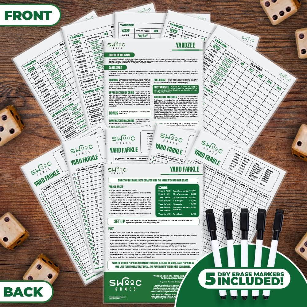 imageSWOOC Games  5 Big Laminated Yardzee ampamp Farkle Score Cards 115in x 8in with Rules  Large Reusable Dry Erase Pads for Giant Outdoor DiceScore Cards  Markers 5 Pack