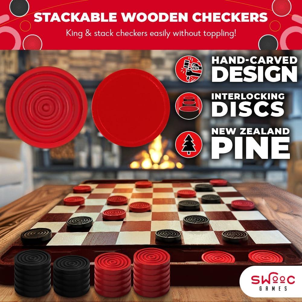 imageSWOOC Games  Premium Wooden Checkers Set 17in wHidden Magnetic Storage  Large Vintage Checkers Board Game for Kids ampamp Adults  Classic Board Games  Family Checker Board Game  Retro Checkerboard