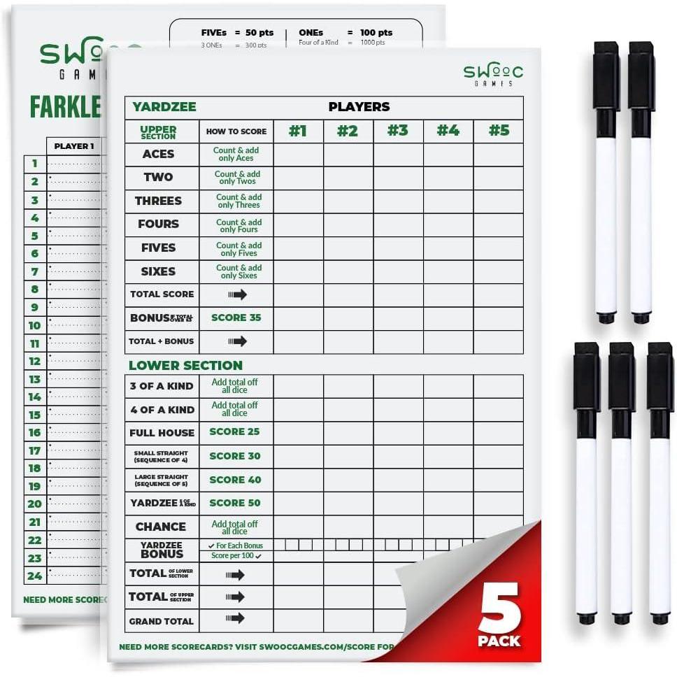 imageSWOOC Games  5 Big Laminated Yardzee ampamp Farkle Score Cards 115in x 8in with Rules  Large Reusable Dry Erase Pads for Giant Outdoor DiceScore Cards  Markers 5 Pack