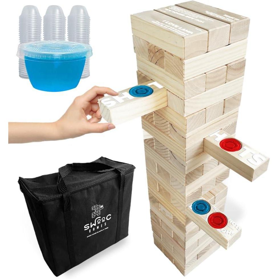 imageSWOOC Games  Giant Tower Party Game with Hidden Jello Shots  Includes Disposable Cups Lids ampamp Carrying Case  Stacks up to 5ft  Tipsy Topple Game for Adults  Giant Outdoor Games  Jumbo Bar FunGiant Tower Party Game w 105pc Cups