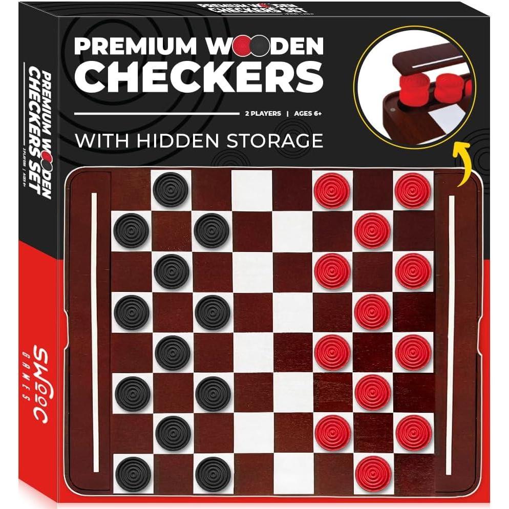imageSWOOC Games  Premium Wooden Checkers Set 17in wHidden Magnetic Storage  Large Vintage Checkers Board Game for Kids ampamp Adults  Classic Board Games  Family Checker Board Game  Retro Checkerboard