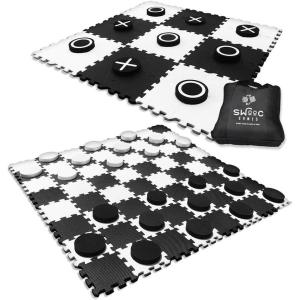imageSWOOC Games  2in1 Premium Giant Checkers ampamp Tic Tac Toe Game 4ft x 4ft  100 High Density EVA Foam Mat ampamp Pieces  Extra Large Checkers Set with Jumbo Checkerboard and Yard Size Tic Tac Toss
