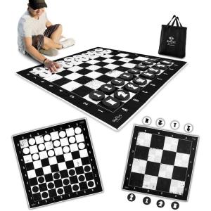 imageSWOOC Games  3in1 Giant Chess Checkers ampamp Chess Tac Toe Game with Mat 4ft x 4ft  MachineWashable Canvas ampamp 5quot Big Foam Discs  Giant Chess Set Outdoor ampamp Checkers Board Game for Adults ampamp Kids
