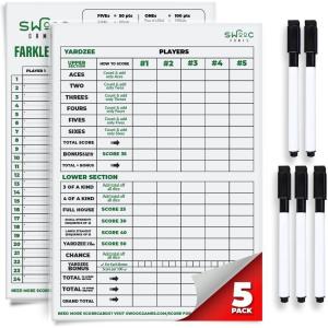 imageSWOOC Games  5 Big Laminated Yardzee ampamp Farkle Score Cards 115in x 8in with Rules  Large Reusable Dry Erase Pads for Giant Outdoor DiceScore Cards  Markers 5 Pack