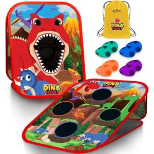 imageSWOOC Games  Dino Frenzy  2in1 Corn Hole Games for Kids  5Second Setup  Dinosaur Bean Bag Toss Game for Kids  Kid Cornhole Game Set  Toddler Party Activity  Outside Bean Bags Kid Tossing