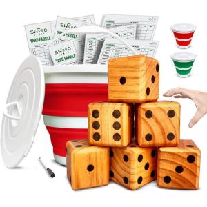 imageSWOOC Yardzee Farkle ampamp 20 Games  LightWeight Yard Dice Game Set All Weather with Collapsible Bucket 5 Big Laminated Score Cards and Marker Choose 25in or 35in Dice Yard GamesRed