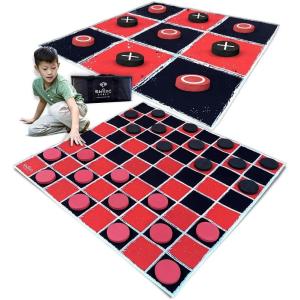 imageSwooc Games  2in1 Vintage Giant Checkers ampamp Tic Tac Toe Game WMat 3ft x 3ft  100 MachineWashable Canvas  Giant Outdoor Games for Kids  Yard Game for Kids  Jumbo Lawn Set  Large Checkers4ft x 4ft